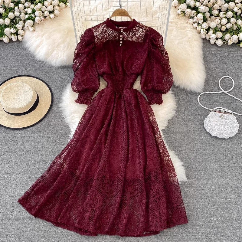 puff sleeve lace dress bohemian long skirt     S4354