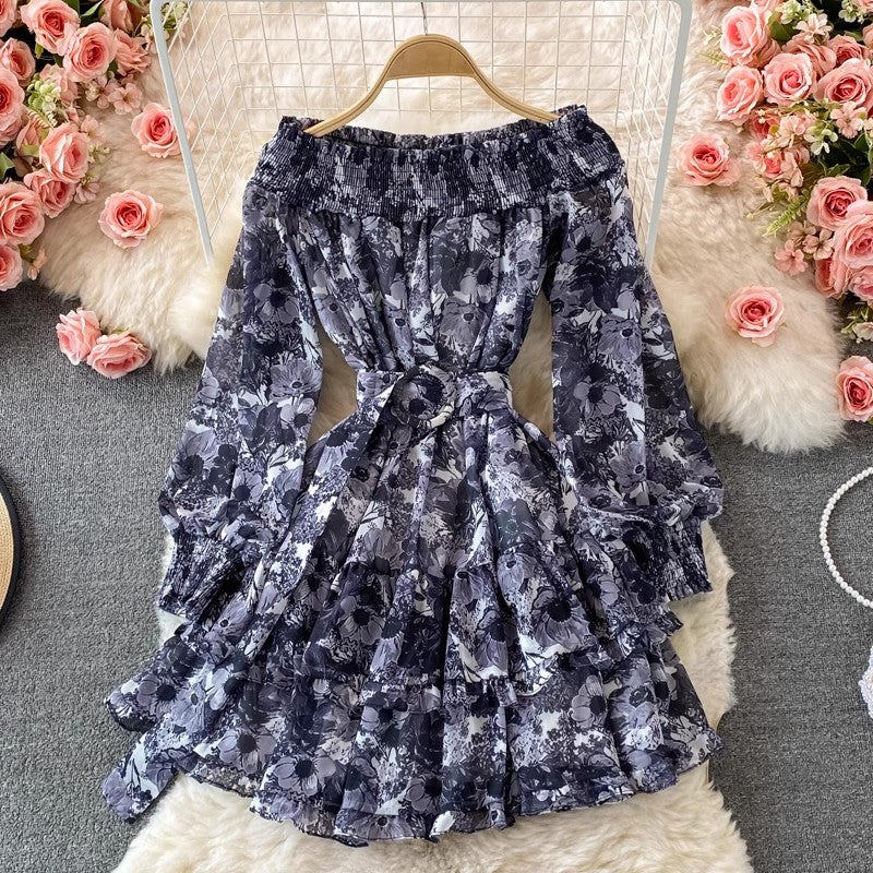 off-shoulder floral dress long-sleeved dress    S4292