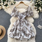 Vintage V-neck Puff Sleeve Dress Puffy A-line Dress      S4471