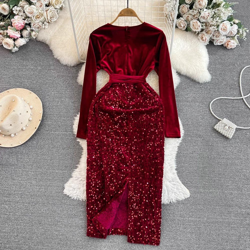 Fashionable long-sleeved V-neck mid-length velvet sequin dress      S3956