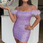 Feather Cold Shoulder Lilac Sequins Mini Homecoming Dress      S3210