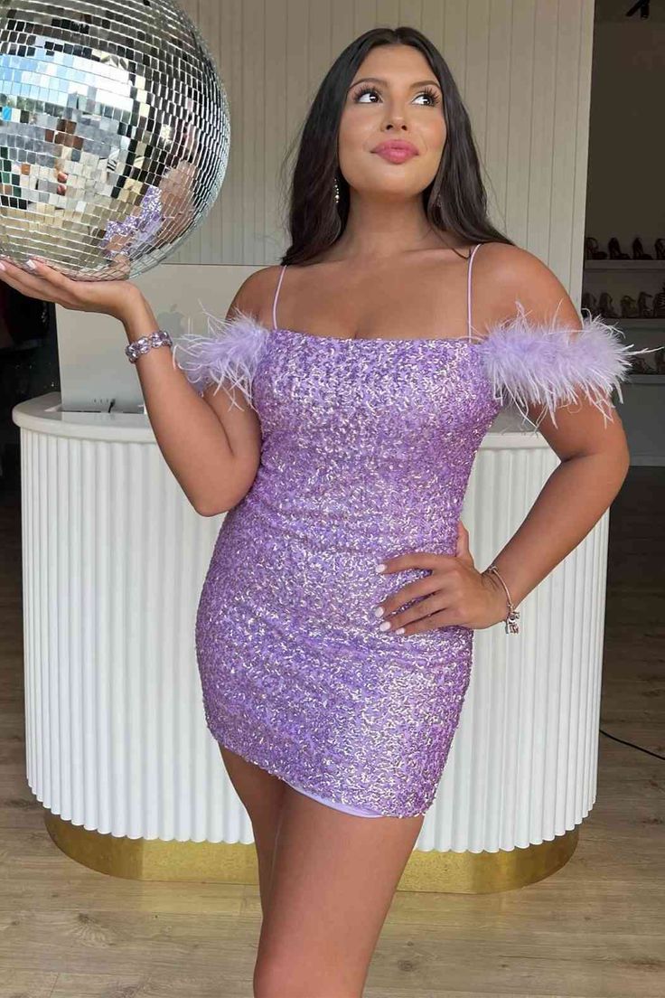 Feather Cold Shoulder Lilac Sequins Mini Homecoming Dress      S3210