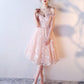 Pink lace off shoulder short prom dress,lace evening dress     S3332