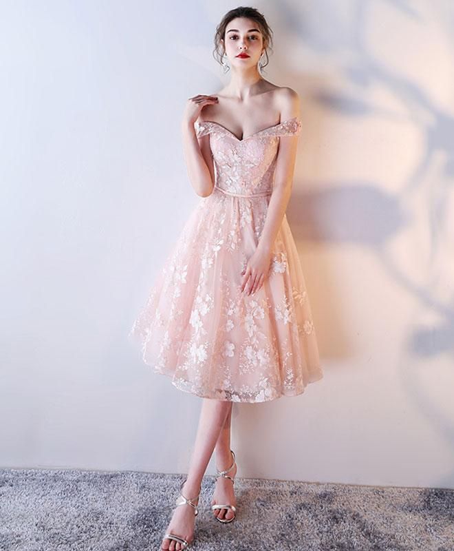 Pink lace off shoulder short prom dress,lace evening dress     S3332