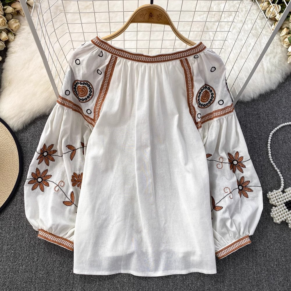 long-sleeved round neck embroidered shirt for women casual tops     S3952