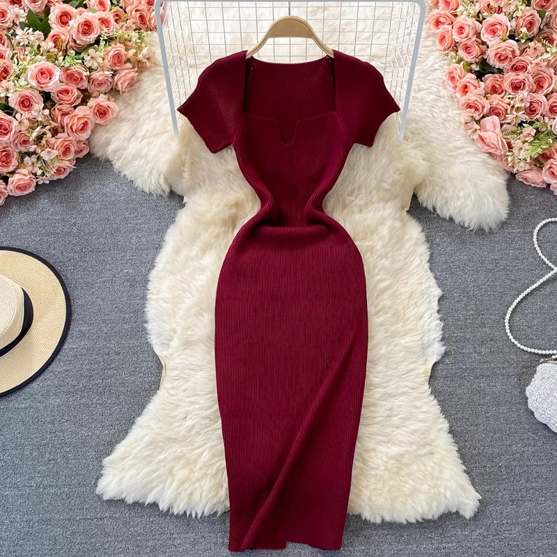 Tight square-neck knitted dress short-sleeved new style sexy long skirt       S4027