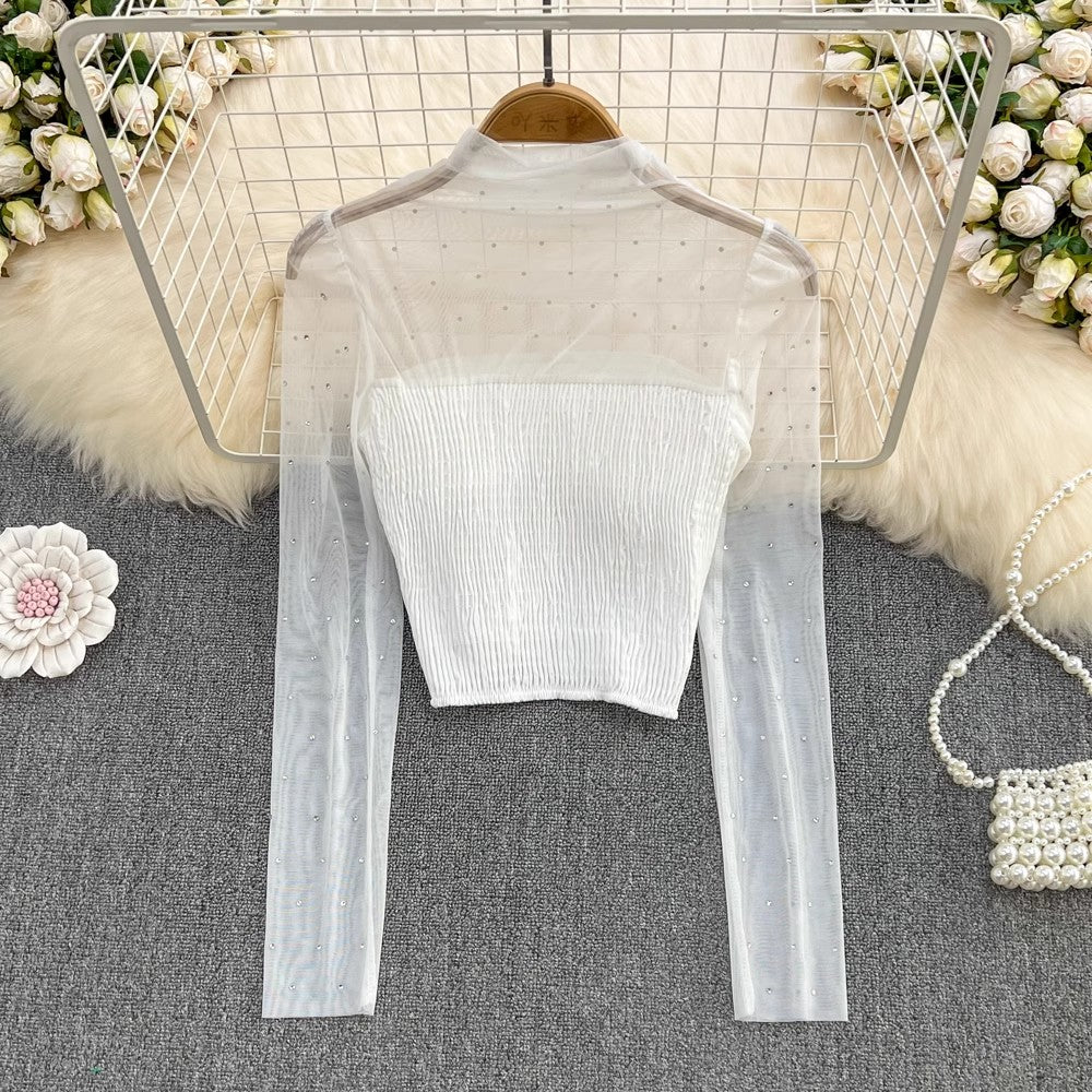 mesh beaded shirt for women fashionable and chic short top        S4249