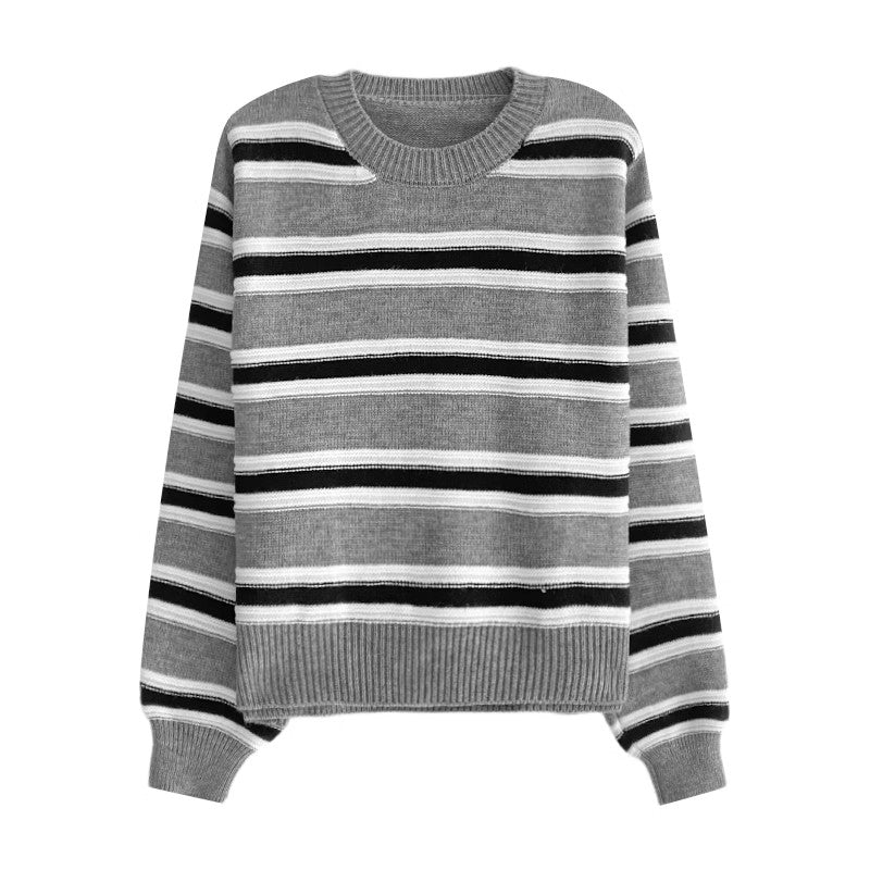 striped round neck long-sleeved sweater     S4773