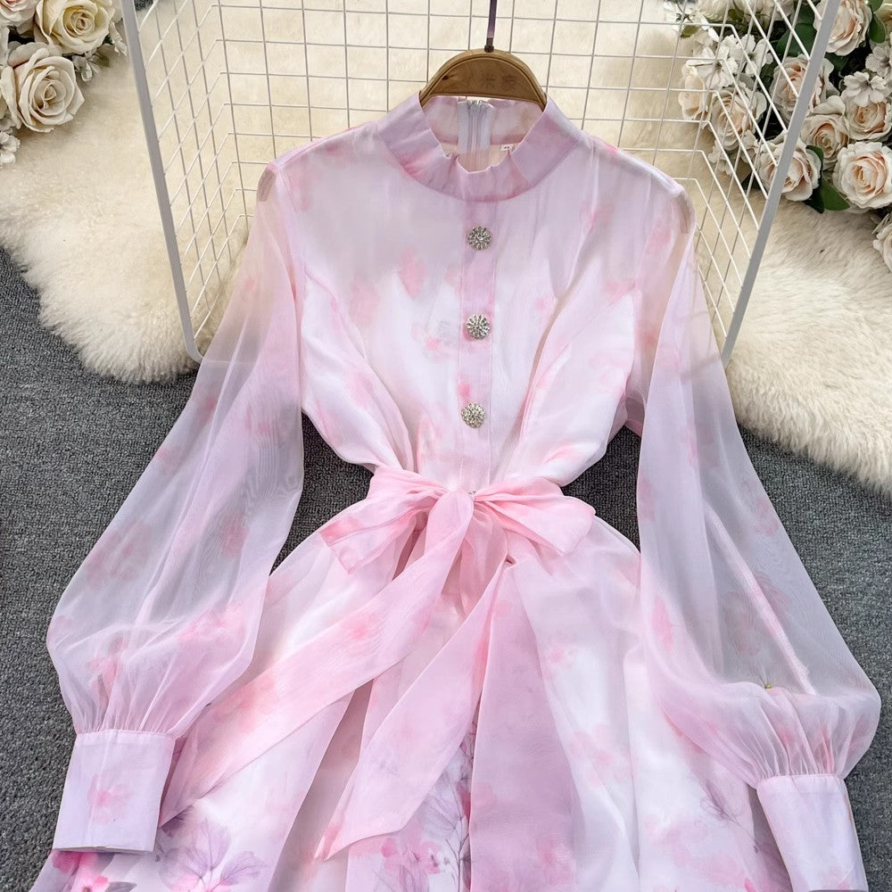 lantern long-sleeved A-line printed organza dress    S4229