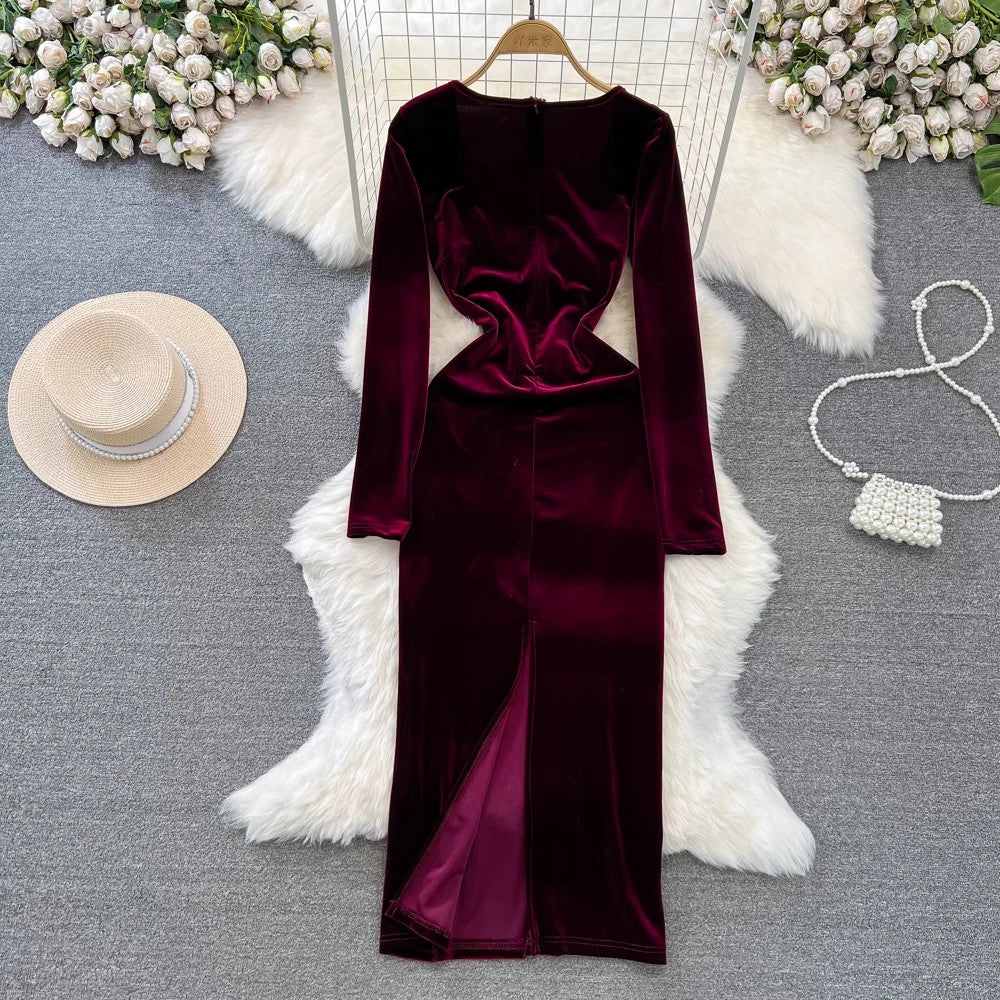 long-sleeved square neck mid-length velvet dress for women     S4265