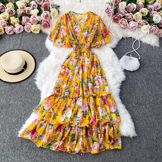 V-neck floral dress bohemian long skirt       S4179