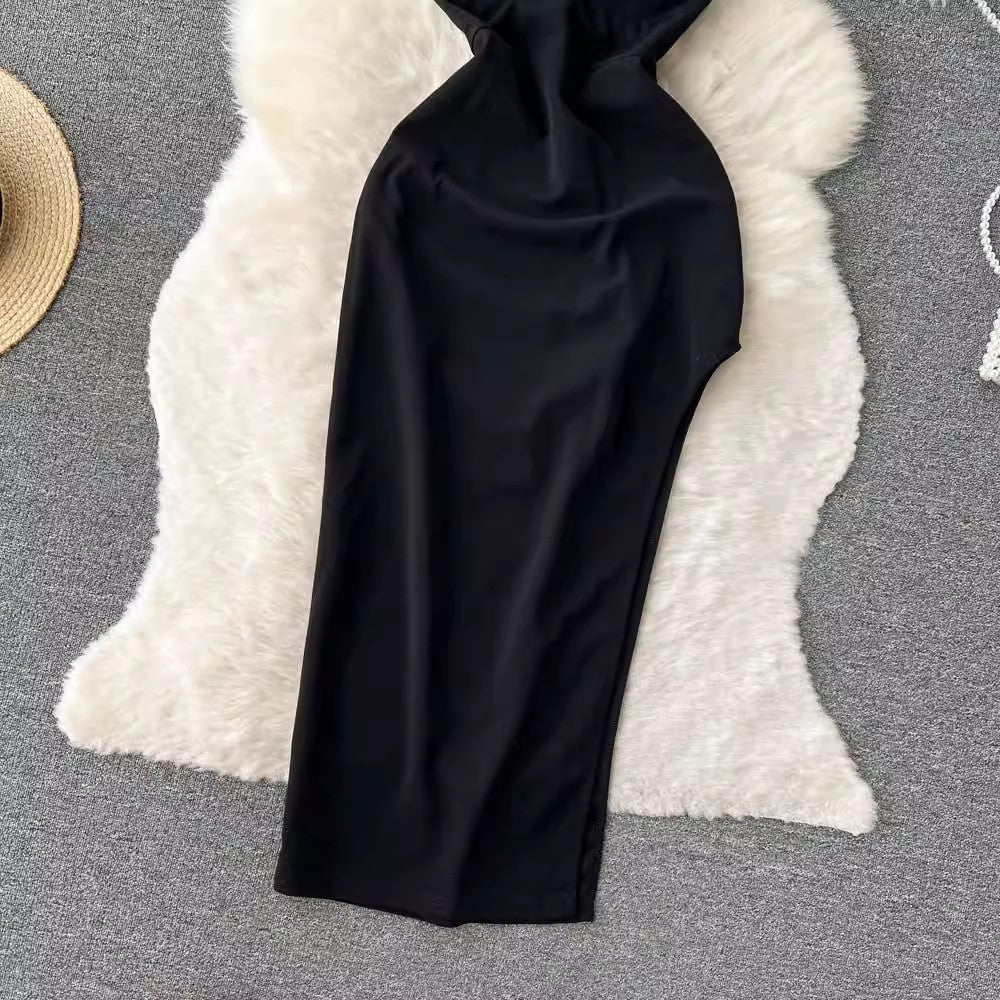 Black sleeveless one-shoulder long dress fo sexy dress    S4633r women with fashionable design irregular