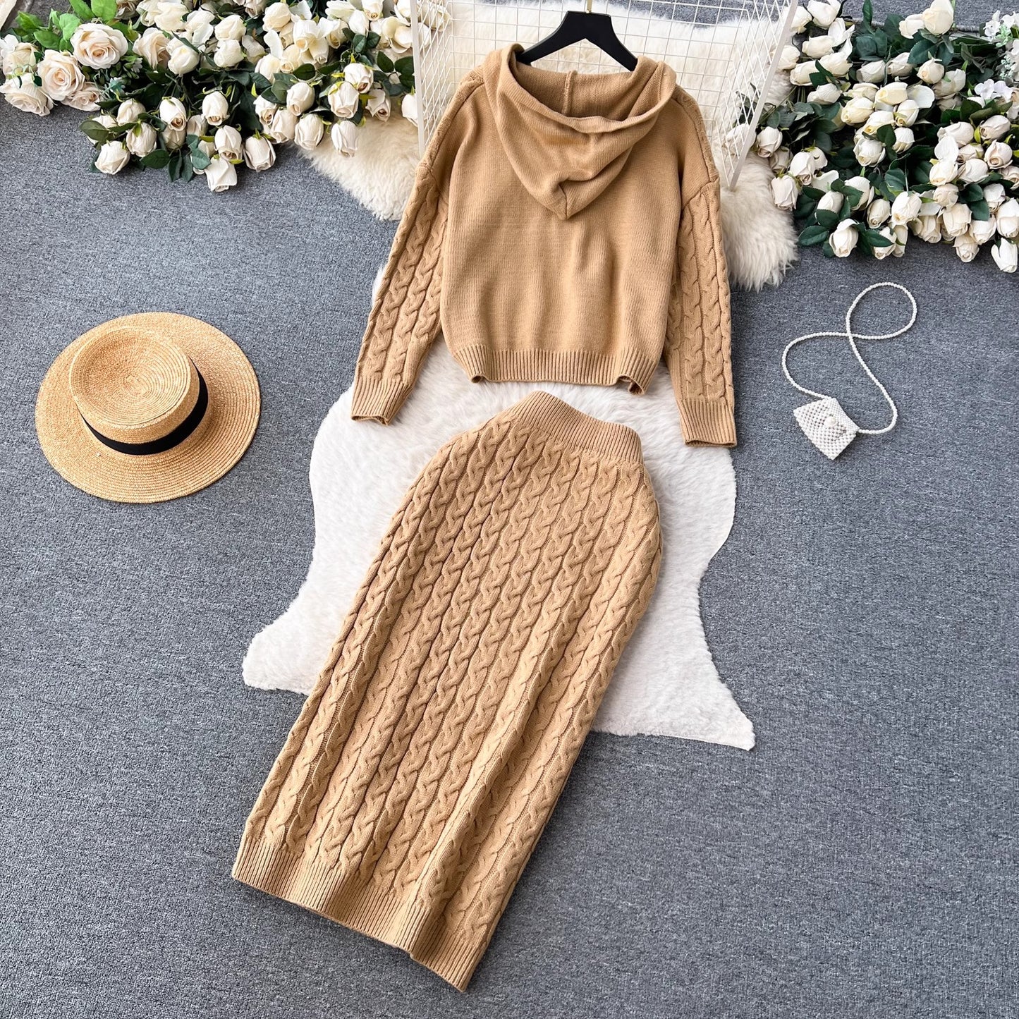 sweater suit for women casual top, mid-length skirt, knitted two-piece skirt     S4629