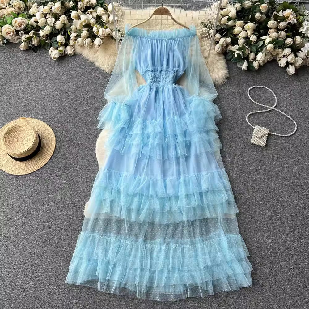 ruffled mesh cake dress for women elegant long skirt     S4557