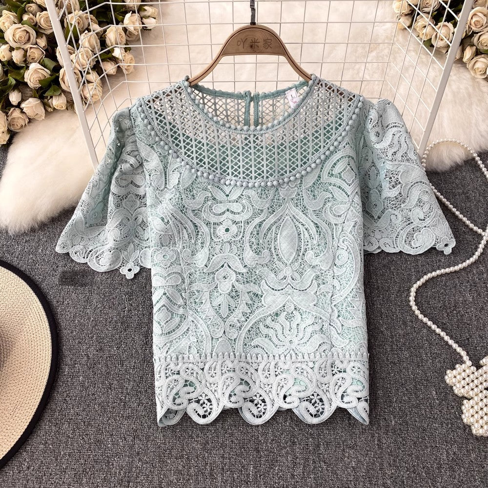 short-sleeved round neck lace shirt for women      S4043