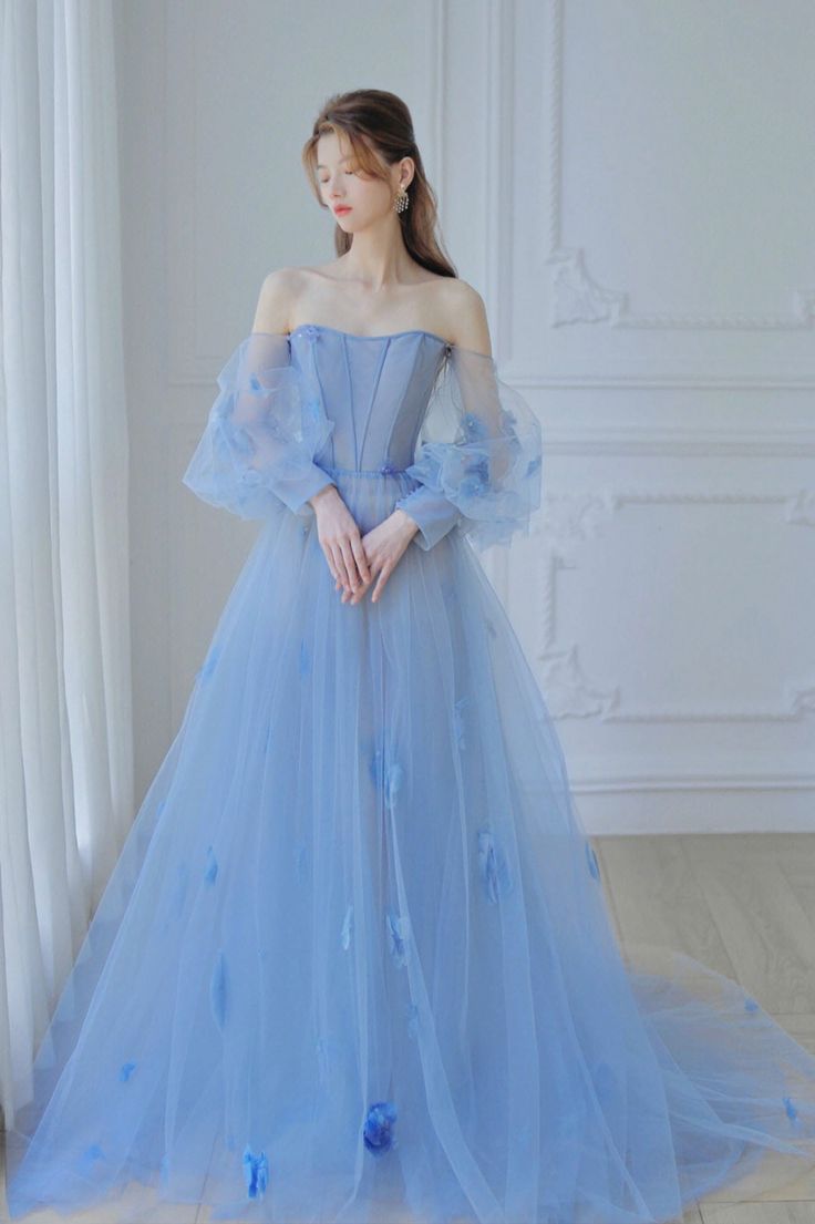 Blue Tulle Long Sleeve Prom Dress, A-Line Off the Shoulder Evening Dress      S3873