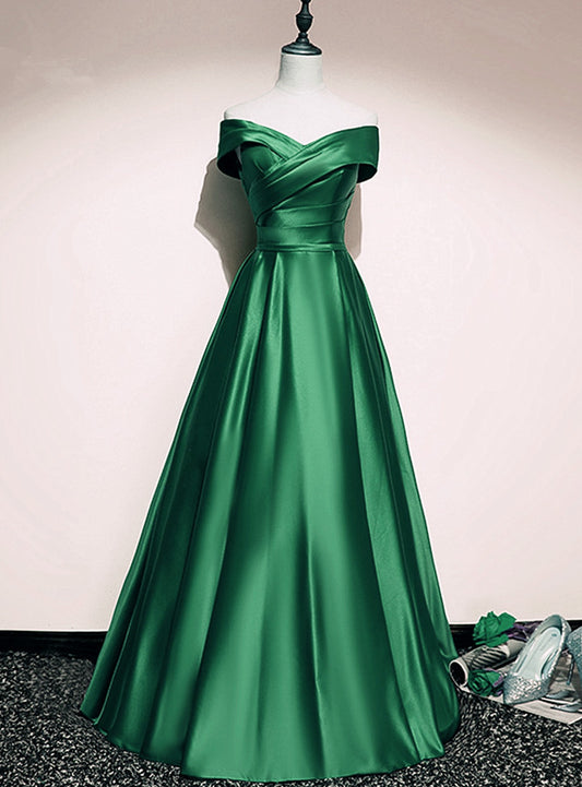 A-line Simple Green Satin Prom Dress Evening Dress, Floor Length Formal Dresses      S3617