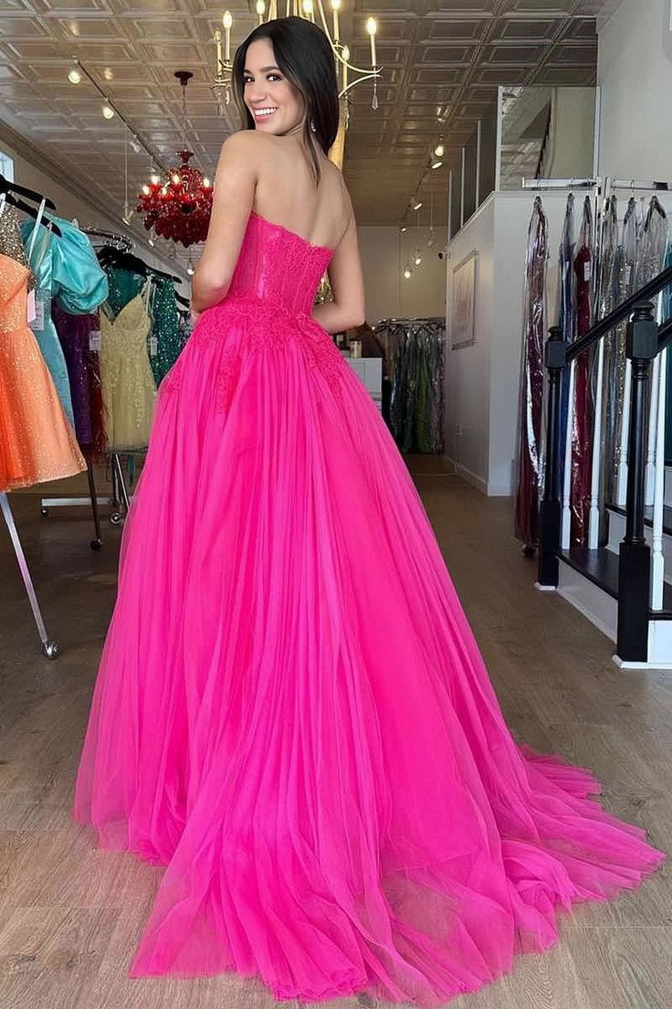 Hot Pink Tulle Sweetheart Appliques Prom Dress       S3491