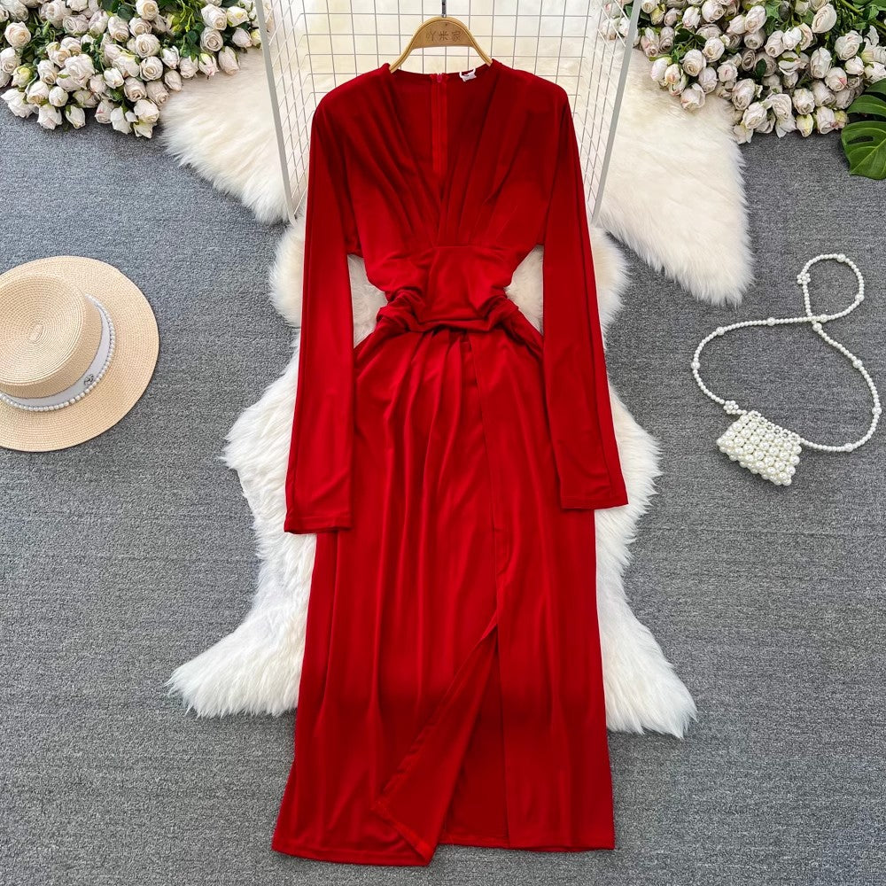 fashionable long-sleeved V-neck pleated waist mid-length slit A-line dress      S4484