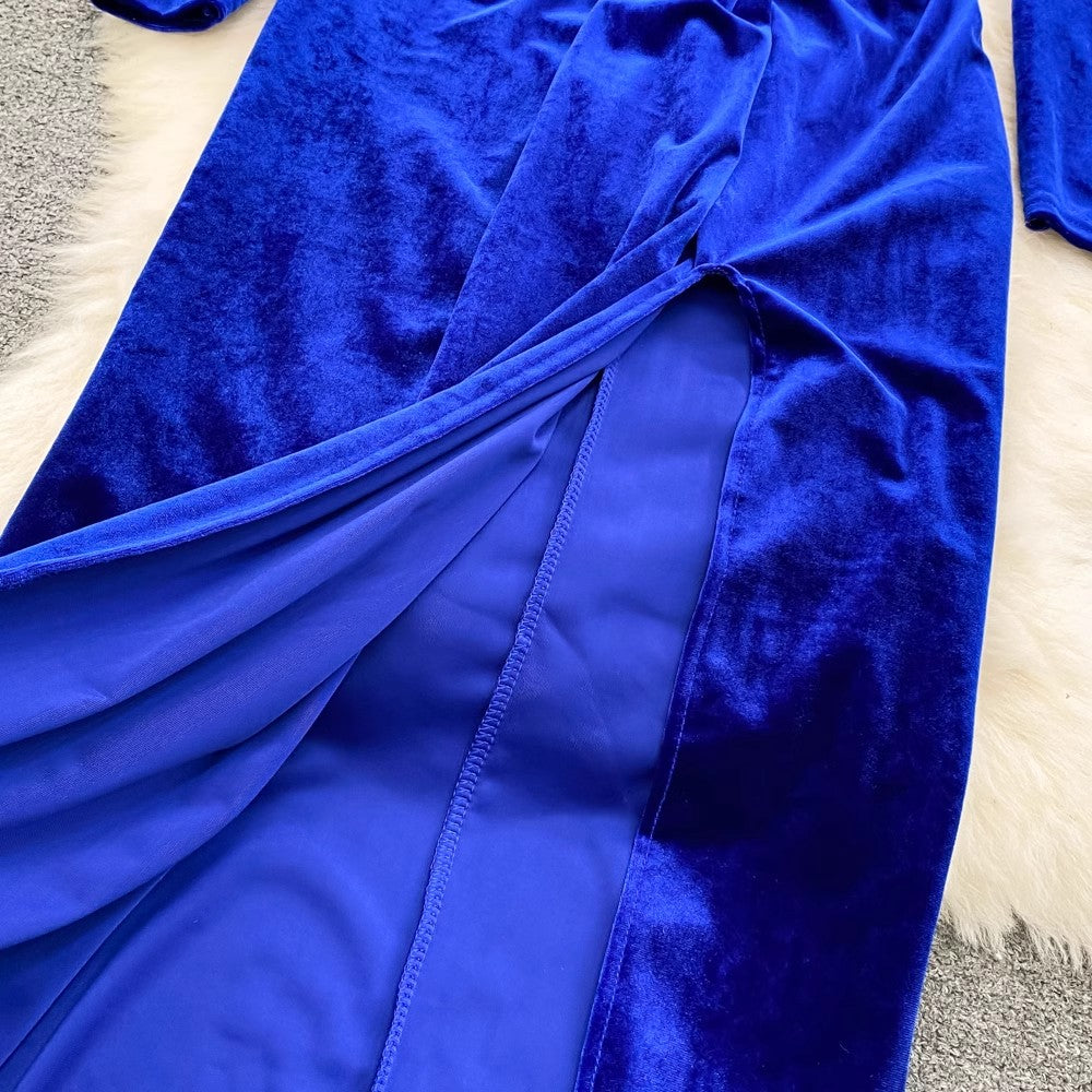 velvet dress v-neck long skirt     S4326