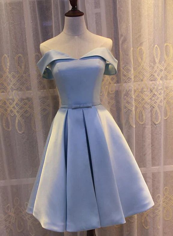 Light Blue Off Shoulder Satin Bridesmaid Dress, Blue Short Formal Dress       S3233