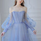 Blue Tulle Long Sleeve Prom Dress, A-Line Off the Shoulder Evening Dress      S3873