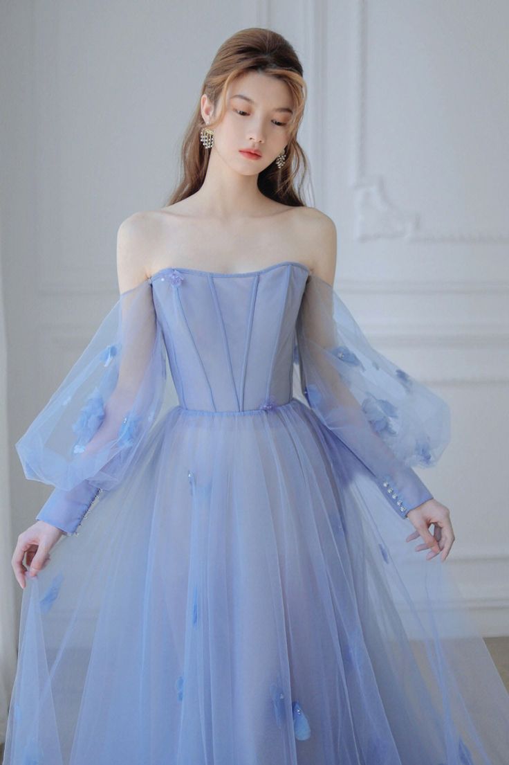 Blue Tulle Long Sleeve Prom Dress, A-Line Off the Shoulder Evening Dress      S3873