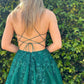 Dark Green V Neck Lace-Up Beaded Appliques Tulle Long Prom Dress with Slit    S3183