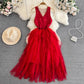 sleeveless V-neck lace A-line mesh dress elegant long dress     S4332