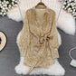 fashionable long-sleeved sequined V-neck A-line dress       S3960