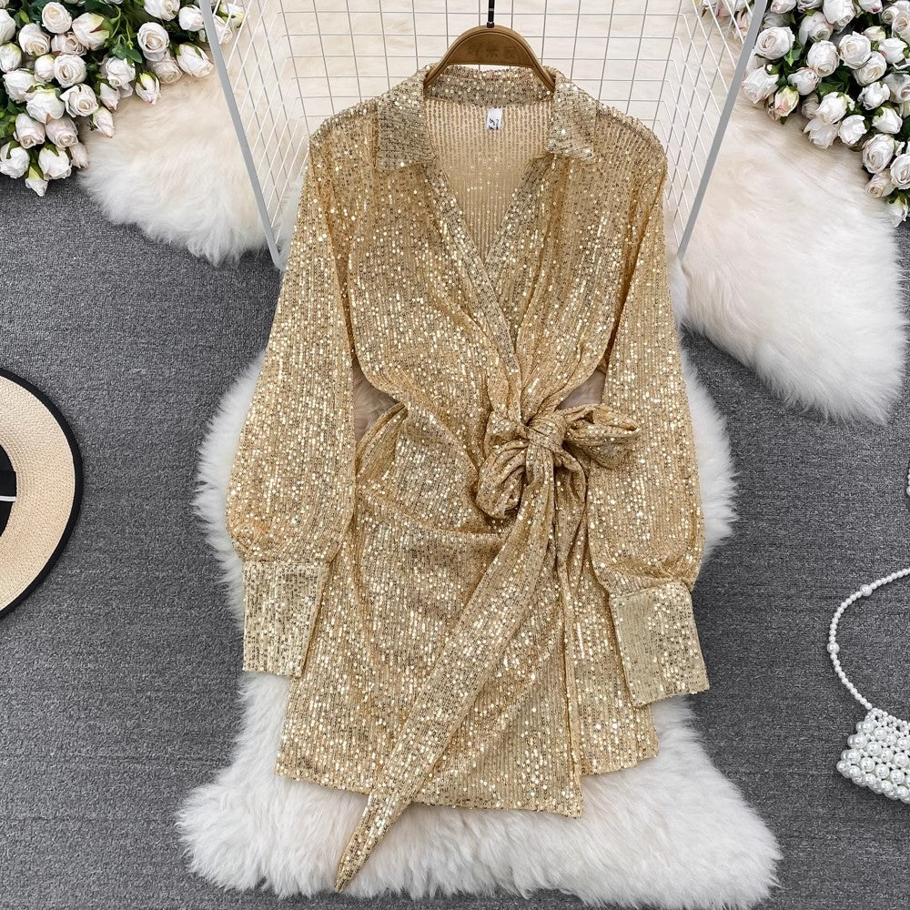 fashionable long-sleeved sequined V-neck A-line dress       S3960