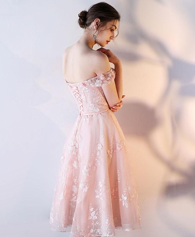 Pink lace off shoulder short prom dress,lace evening dress     S3332