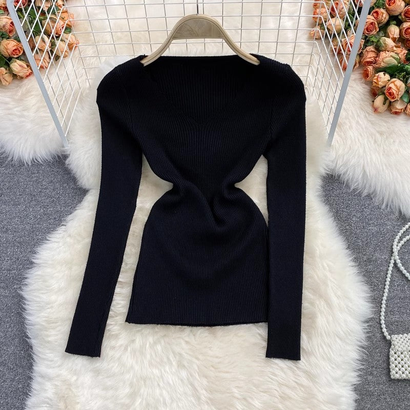 V-neck stretch knitted shirt for women sweater long-sleeved short top    S3977