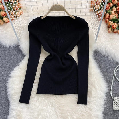 V-neck stretch knitted shirt for women sweater long-sleeved short top    S3977