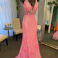 Pink Floral Lace Plunge V Mermaid Long Formal Dress     S2676