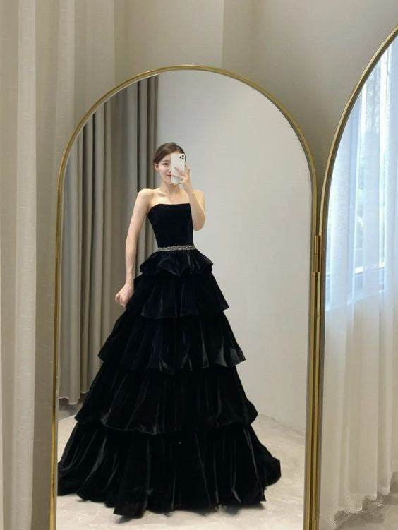 Black Long Velvet Prom Dress Long Formal Evening Dresses     S3508