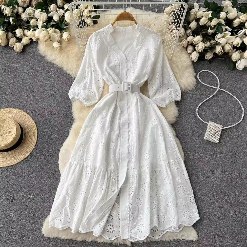 V-neck dress women's puff sleeves ruffle long skirt   S4560