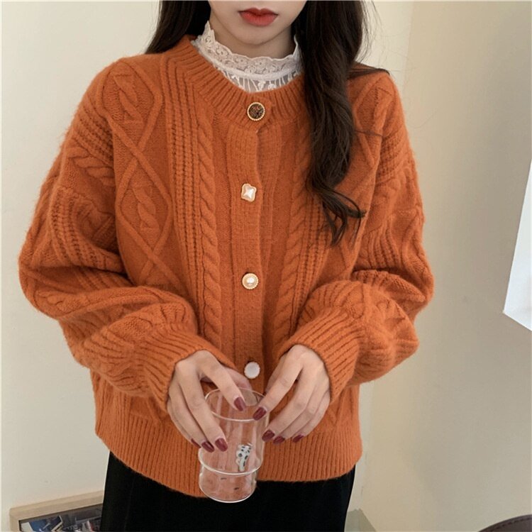 Vintage Women Cardigan Sweater 2023 Sweet Autumn Winter Fashion O-Neck Elegaht Long Sleeve Casual Loose Warm Knitted Sweaters     S2775