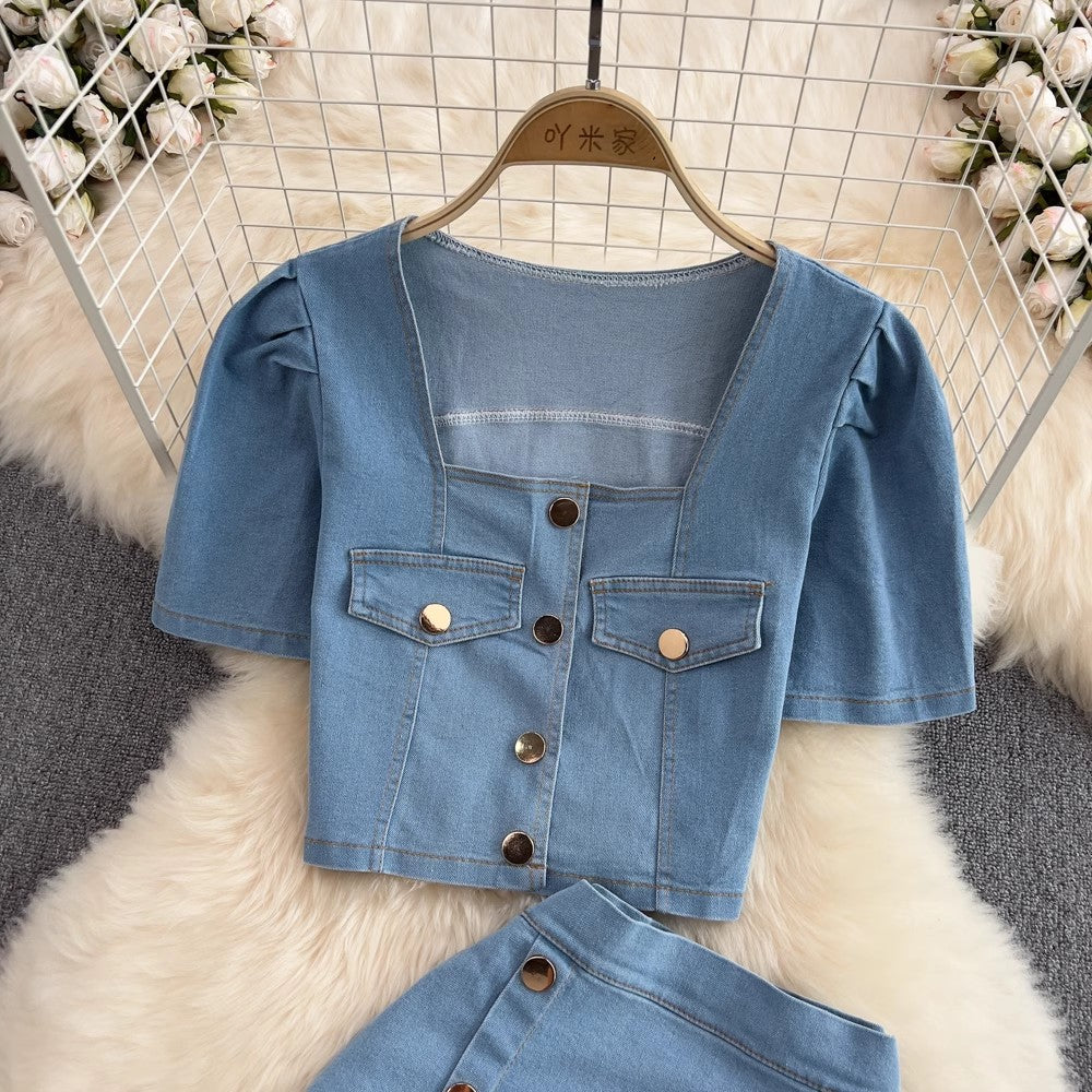 Fashion suit for women hot girl square neck puff short-sleeved denim shirt two-piece set       S4100