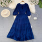 Puff short-sleeved V-neck A-line chiffon dress Elegant long skirt      S4285