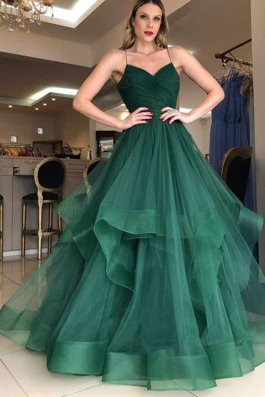 Green Prom Dresses Spaghetti Strap A-Line Tiered Tulle Backless Floor Length Evening Party Gown      S3612