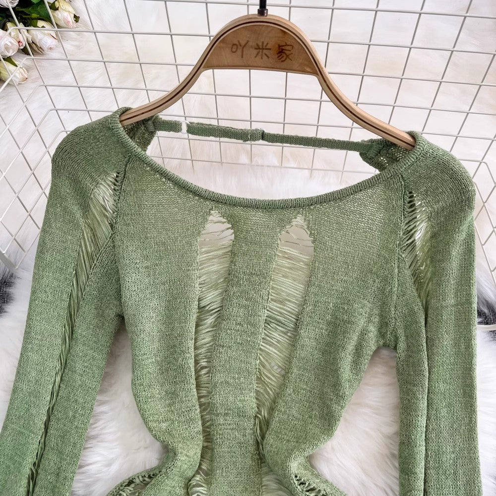 Sexy Round Neck Backless Long Sleeve Knitted Sweater Tops for Women      S4330