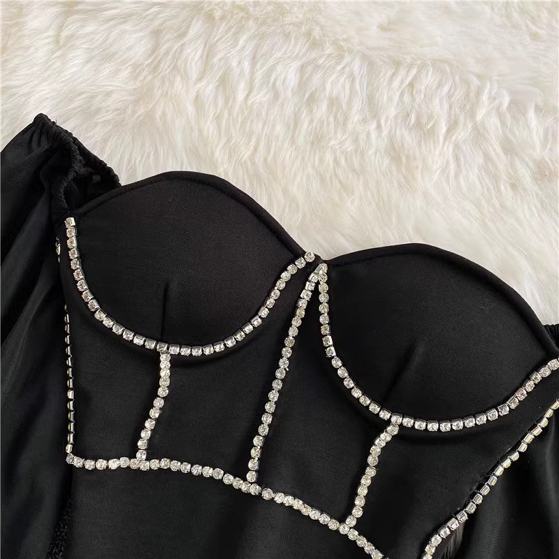 sexy rhinestone tube top shirt fashionable square neck top long sleeves       S4170