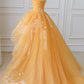 Orange Tulle Strapless High Low Lace Long Prom Dresses, High Low Orange Formal Evening Dresses       S3042
