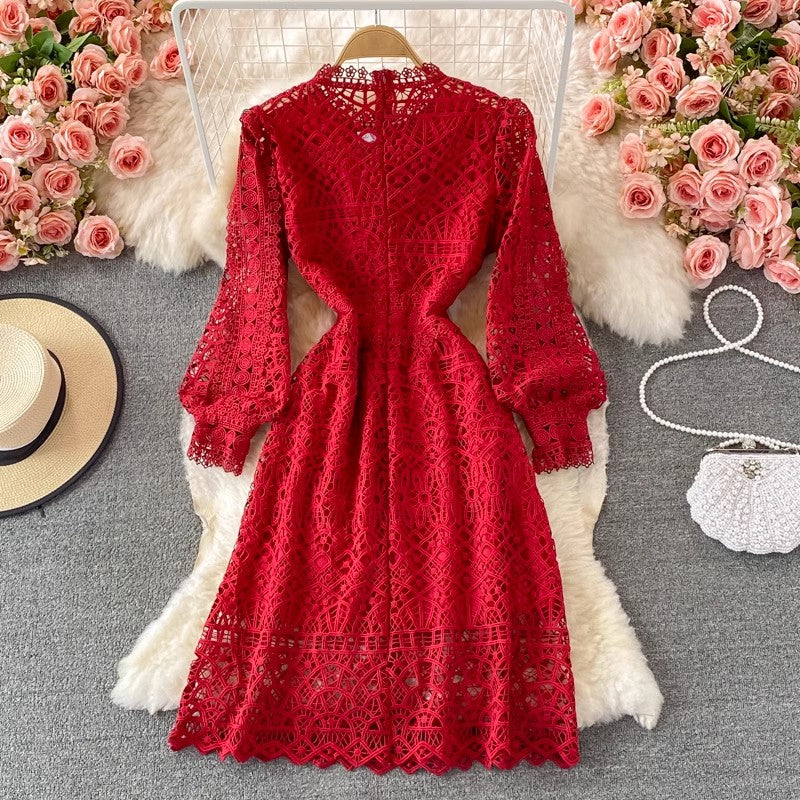 New style round neck puff sleeve lace dress     S3887