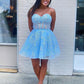 Short Light Blue Lace Prom Dresses, Light Blue Short Lace Formal Graduation Dresses       S2615