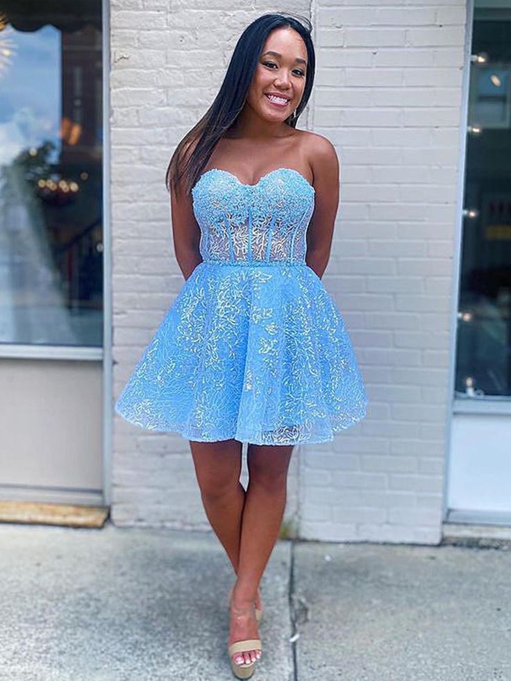 Short Light Blue Lace Prom Dresses, Light Blue Short Lace Formal Graduation Dresses       S2615