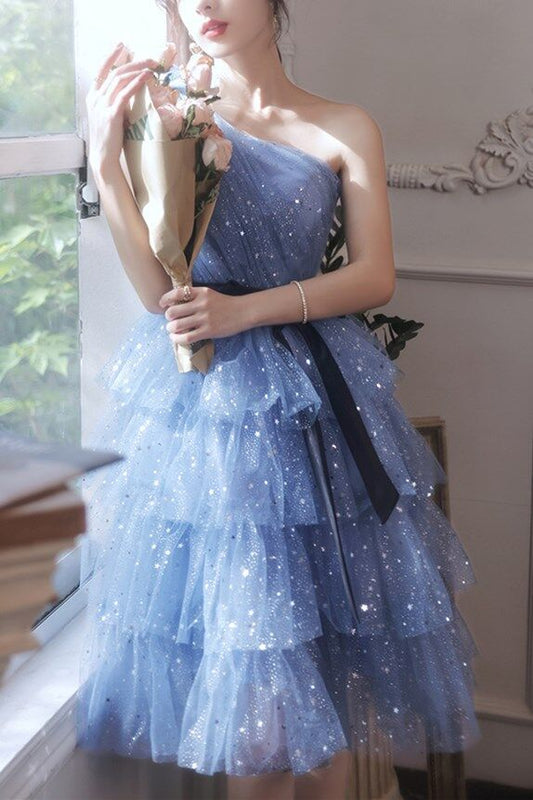 One Shoulder Princess Blue Short Party Dress       S3234