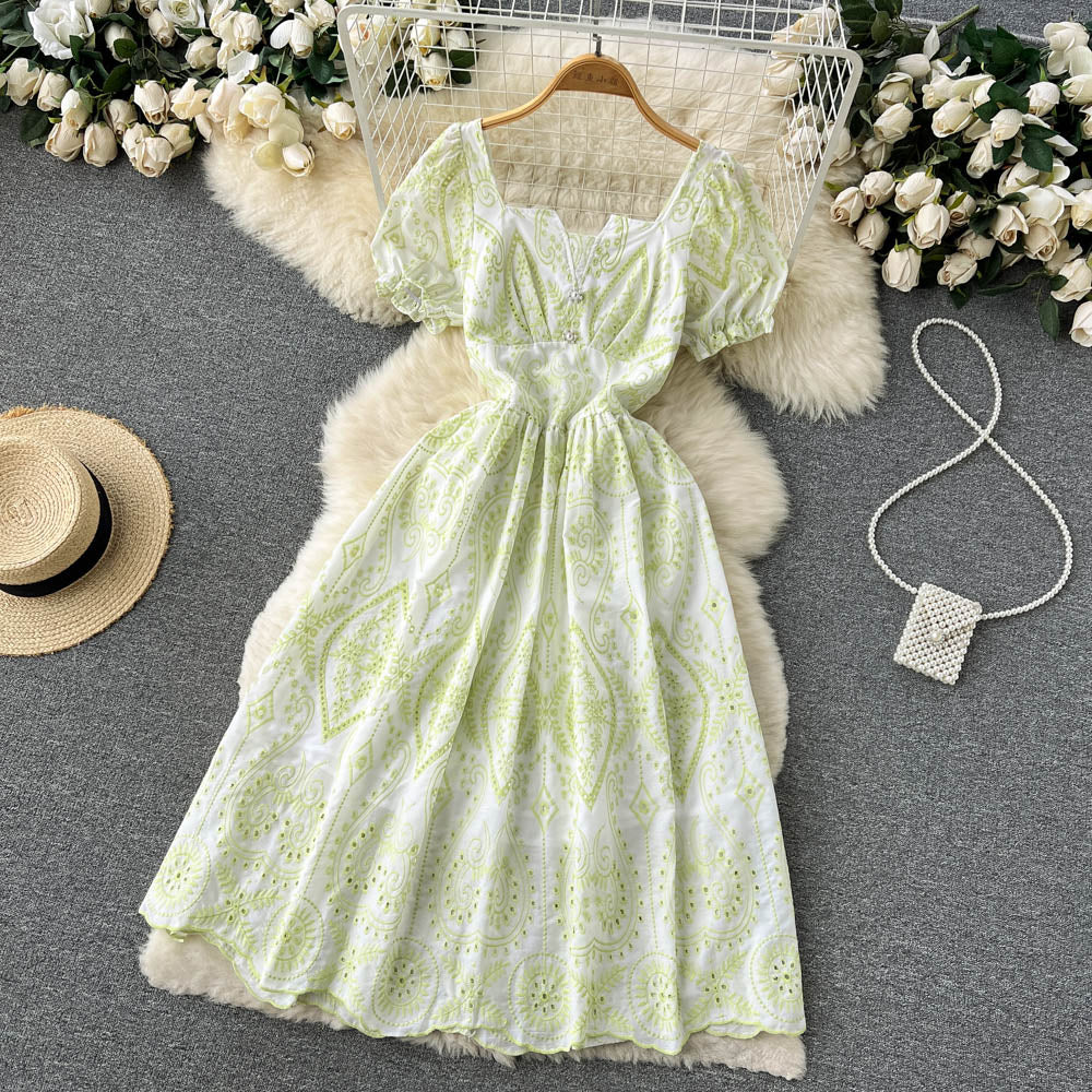 High Waist Puff Sleeve Long Lace Dress    S4457