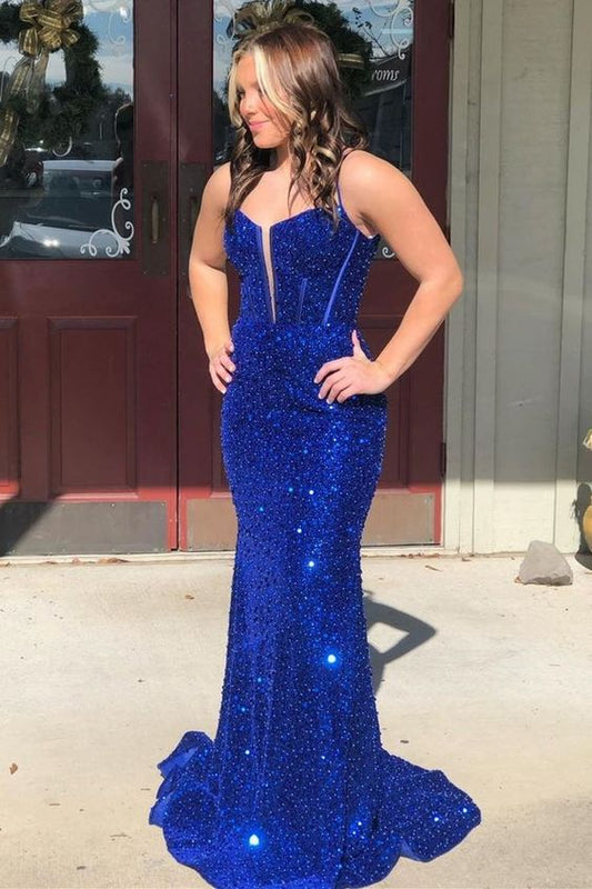 Blue Sequin Split Neck Mermaid Long Prom Dress      S3719